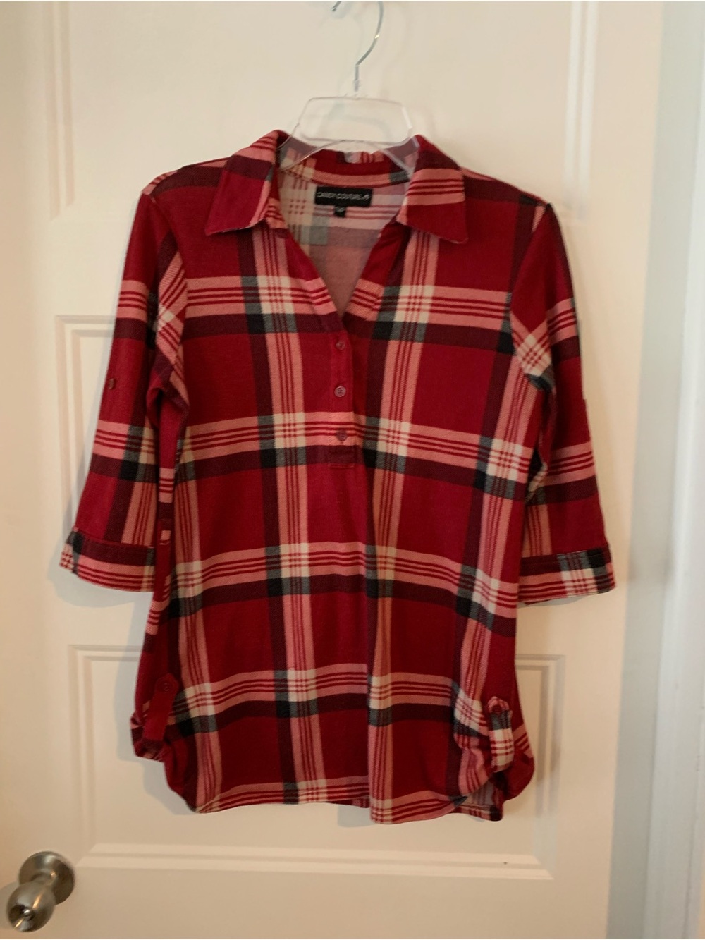 CANDY COUTURE, Women's Red & cream Plaid Button-Neck long blouse